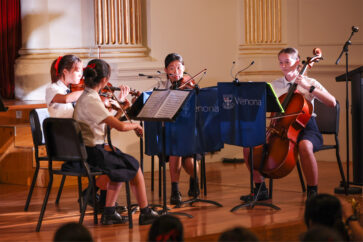 Image of Wenona Senior School String quartet performing in the Independent Theatre at the Wenona Music Scholarship Showcase